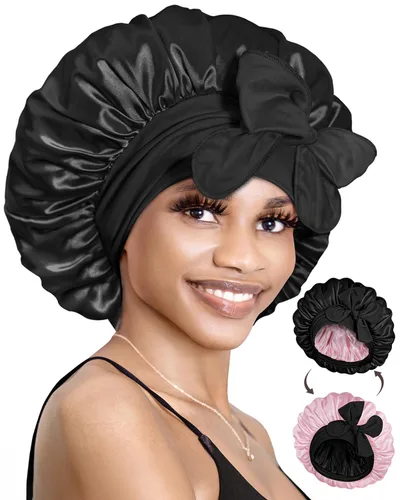 Vista 15 de BONNET QUEEN Gorro reversible de satén de seda para dormir, doble capa, ajustable, trenzas rizadas, peluca de cabello natural, banda para gorro