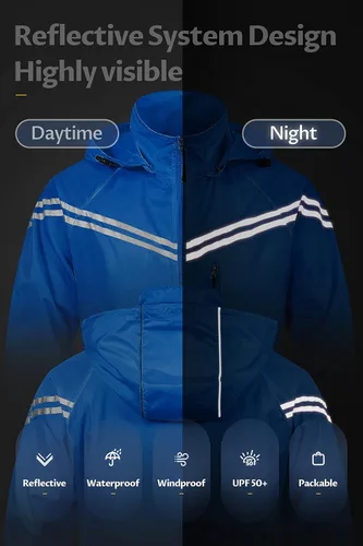 Vista 2 de CREATMO US Abrigos de lluvia impermeables para hombre, chaqueta de ciclismo reflectante con capucha extraíble