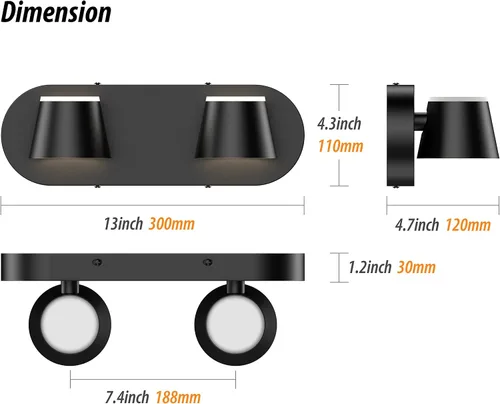 Vista 2 de URSOLA Luz de Tocador de Baño de 2 Luces, Accesorios de Iluminación de Pared LED Negros, Orientables Arriba y Abajo, Regulables, Accesorios