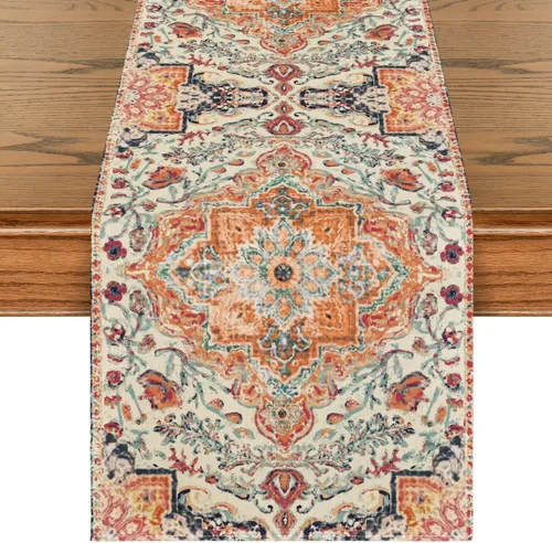 Vista 12 de Artoid Mode Camino de Mesa Estilo Boho Bohemia Naranja, Decoración Mágica de Otoño para Cocina y Comedor de Estilo Rústico y Granja, para Decoración