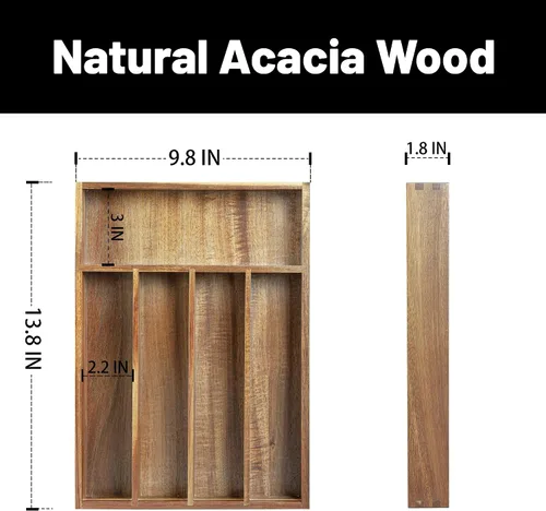 Vista 2 de KITEISCAT Organizador de cubiertos de madera de acacia, organizador de cajones de utensilios de cocina para tenedores, cuchillos y cucharas, bandeja