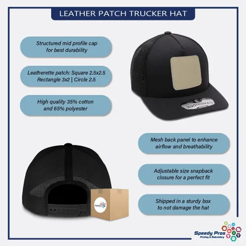 Vista 2 de Speedy Pros Grabado Trucker Mesh Cap Hubby Rectángulo Cuero Parche 5 Panel Sombreros Snapback Poliéster Parche Rectángulo Negro/Caramelo