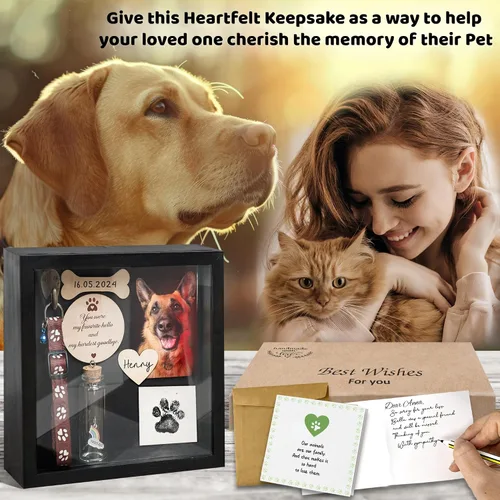 Vista 6 de vinatimes Caja de sombra de regalo conmemorativo para mascotas de 8.6 pulgadas, soporte para collar negro, marco de fotos, kit de tinta de pata