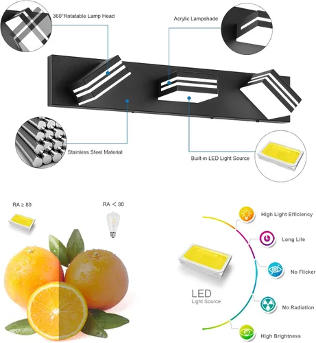Vista 2 de Moderna lámpara LED para tocador de baño (3 luces, 24 pulgadas) (5CCT, regulable), negro mate moderno para pared de baño