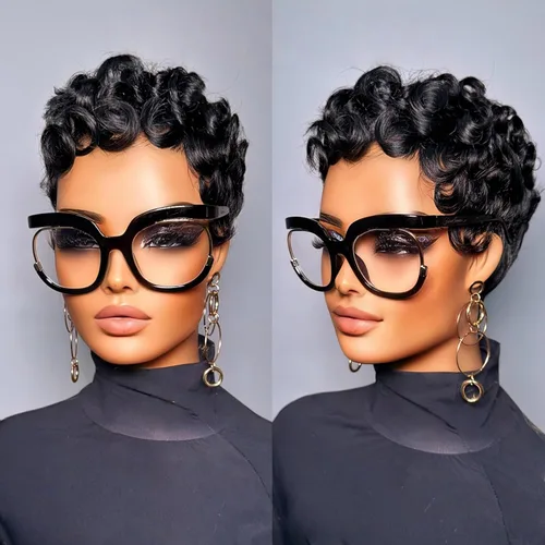 Vista 6 de Peluca de cabello humano con onda de dedo negro, peluca de encaje frontal de 4 pulgadas, peluca corta de Pixie para mujeres, peluca brasileña