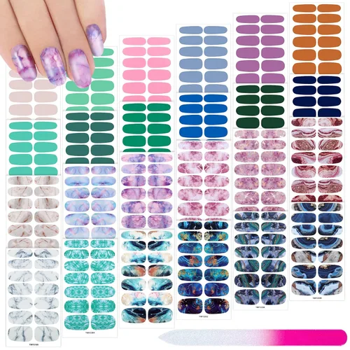 Vista 8 de Maitys 336 piezas de 24 hojas de tiras de esmalte de uñas de envoltura completa, autoadhesivas, tiras de uñas de gel, calcomanías de arte con lima