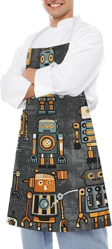 Vista 4 de MUSM Apron for Adults - 27.6 X 31.5 Inch, Heavy-Duty Polyester Aprons with Two Large Pockets, Waterproof Retro Style Robot Kitchen Apron for