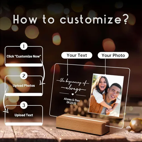Vista 3 de Marcos de fotos personalizados con foto, placa de fotos personalizada con luz nocturna para ella, él, novia, novio, regalos de boda para esposa