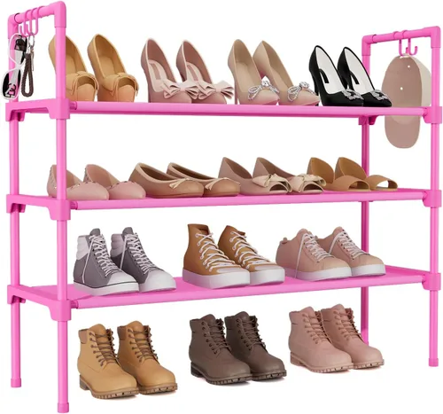 Vista 16 de LANTEFUL Zapatero de 3 niveles para armario, organizador de zapatos con 5 ganchos, estante largo para zapatos deportivos y botas, estante apilable