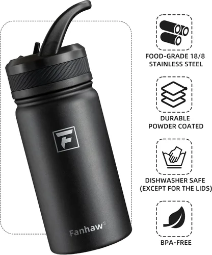 Vista 3 de Fanhaw Botella de agua aislada para niños de 14 onzas con tapa de pajita – Acero inoxidable de doble pared al vacío, a prueba de fugas, botellas