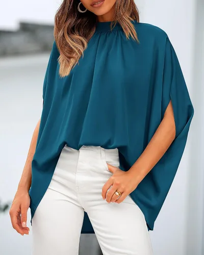 Vista 32 de BTFBM Blusas de verano para mujer, cuello alto falso, manga murciélago, holgadas, dobladillo alto y bajo, blusas informales de gran