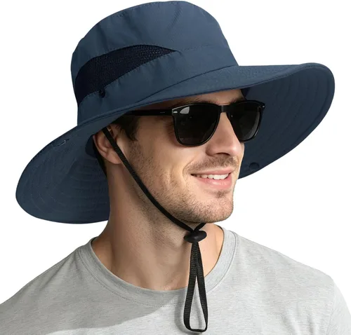 Vista 14 de NPQQUAN Sun Hats for Men Women Wide Brim UPF 50+ UV Protection Bucket Hat Gris oscuro (con malla)