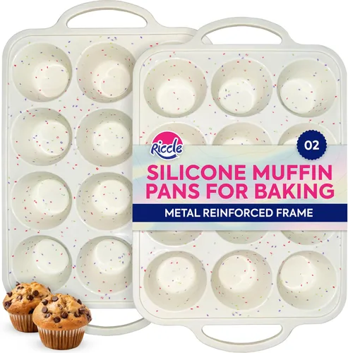 Vista 8 de RICCLE Paquete de 2 mini moldes de silicona para magdalenas con marco reforzado de metal, mini moldes de silicona para magdalenas de 24 tazas