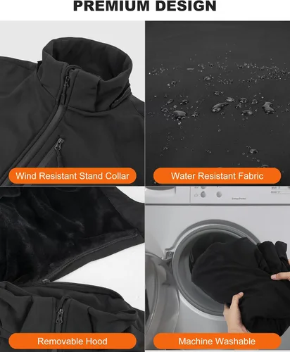 Vista 4 de azamine Chaqueta térmica para hombre con batería de 16000 mAh, abrigo térmico suave resistente al viento con capucha desmontable