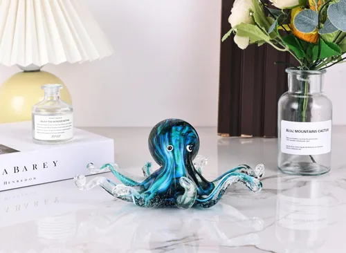 Vista 5 de WUBIANJIE Estatuas de cristal soplado a mano de pulpo y medusa, esculturas coloridas de animales marinos, pisapapeles para decoración del hogar