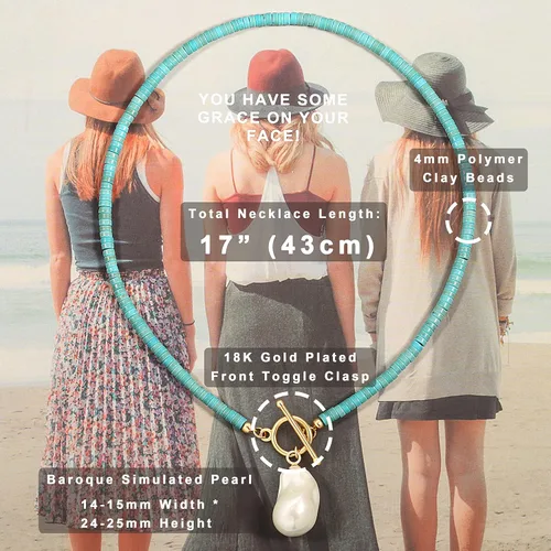 Vista 4 de Chunky 18K Gold Round Rolo Link Chain Lariat Y Necklace Big Simulated Baroque Pearl Pendant Necklace for Women Adjustable Simulated Turquoise Choker