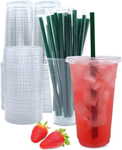 Vista 9 de Vasos de plástico transparente de 12 onzas con tapas y pajitas, tazas de café desechables, 25