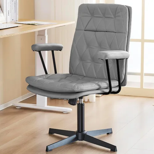 Vista 8 de Silla de escritorio sin ruedas, silla giratoria de oficina en casa con patas cruzadas Sillón de acento sólido blanco crema