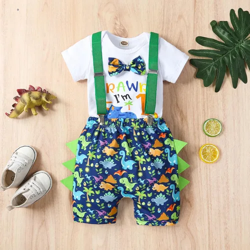 Vista 2 de Conjunto de mameluco de manga corta para bebé niño de un primer cumpleaños, con tirantes