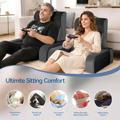 Vista 8 de Kayfia Almohada de lectura, almohada de espalda 10 en 1 para cama sentada con reposabrazos desmontable, respaldo con espuma viscoelástica de gel