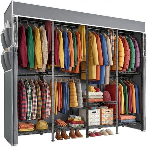 Vista 10 de Raybee Perchero de ropa con cubierta, perchereros para colgar ropa resistente, armario portátil con estantes, ajustable, carga de 905 LBS, negro