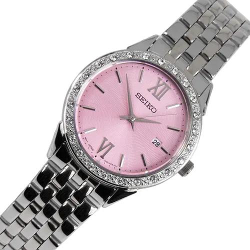 Vista 4 de Seiko Reloj de cuarzo para mujer con correa de acero inoxidable SUR693P1, Rosado, Reloj de cuarzo