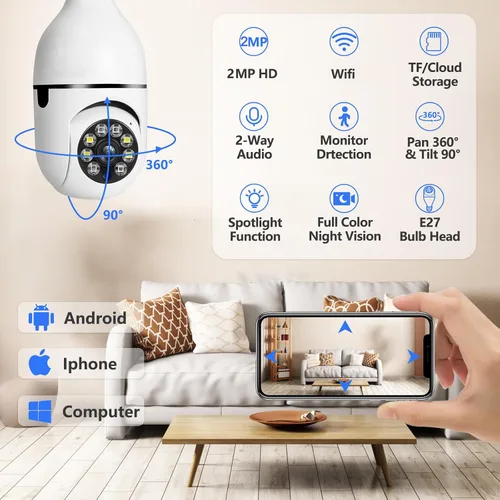 Vista 2 de Cámara de seguridad con bombilla 5G WiFi de doble banda, 360 grados 1080P inalámbrica para interiores a todo color, cámara domo inteligente