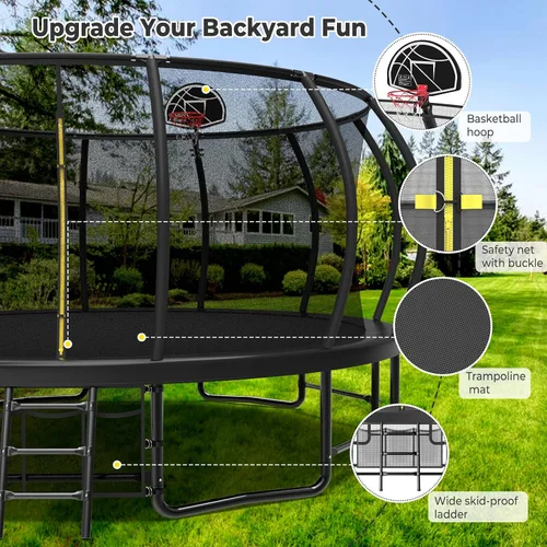 Vista 2 de Lyromix 12 14 15 16 pies, camas elásticas al aire libre para niños y adultos, trampolín de calabaza con postes curvos, trampolín recreativo con aro