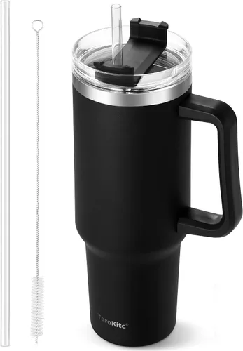 Vista 17 de TaroKitc Vaso de 30 onzas con asa y popote abatible, botella de agua aislada al vacío de triple pared, taza de viaje reutilizable a prueba de fugas