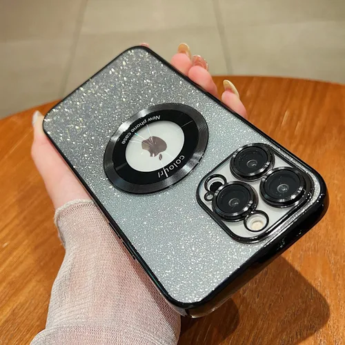 Vista 2 de Funda magnética con purpurina para iPhone 13 Pro Max, compatible con MagSafe con protector de cámara, logotipo suave, de lujo, linda, para mujeres