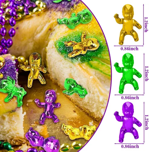 Vista 2 de King Cake Babies, 30 piezas de 1.2 pulgadas Mardi Gras mini bebés de plástico metálico dorado morado verde bebé para decoración de pasteles rey