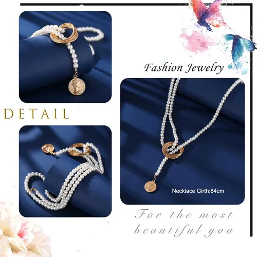 Vista 4 de Sttiafay Collar de perlas Lariat en Y, collar de cadena de perlas barrocas en Y, collar largo con borla larga, collar de suéter con dije de moneda