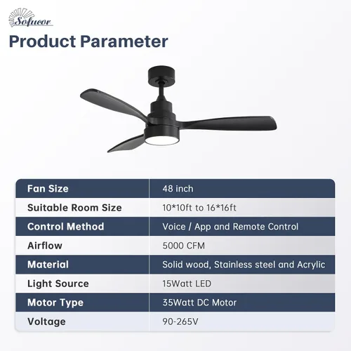 Vista 8 de Sofucor Ventilador de techo inteligente de 48 pulgadas con luces y control remoto/aplicación, compatible con Alexa/Google, ventilador de techo