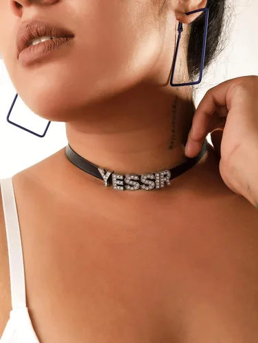 Vista 2 de Sacina Yes Sir - Gargantilla gótica punk negra de piel sintética, collar gótico para mujer, Aleación de zinc, acero inoxidable, No es una piedra