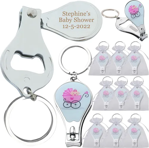 Vista 8 de Baby Shower personalizado (12 piezas) llavero rosa niña favores/cortauñas y abridor de botellas/grabado láser personalizado regalo (huella)