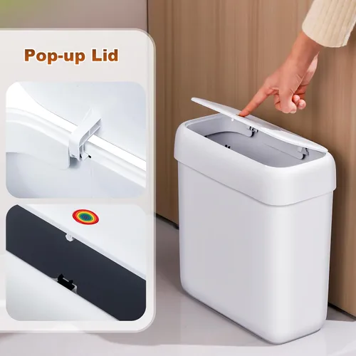 Vista 4 de funest Paquete de 2 basureros de baño con tapa desplegable, cubo de basura de plástico de 3 galones y 2.7 galones para espacios pequeños, papelera