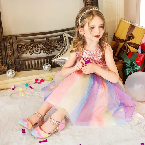 Vista 3 de Furdeour Zapatos de vestir para niñas, zapatos de princesa con tacón alto de cristal, puntera cerrada, fiesta, boda, flores, zapatos para niñas