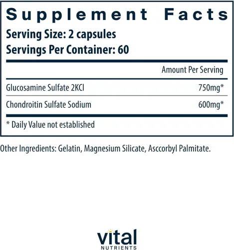 Vista 2 de Vital Nutrients Glucosamina y condroitina - Suplemento saludable para el cartílago, la movilidad y las articulaciones - Sin gluten, lácteos, sin
