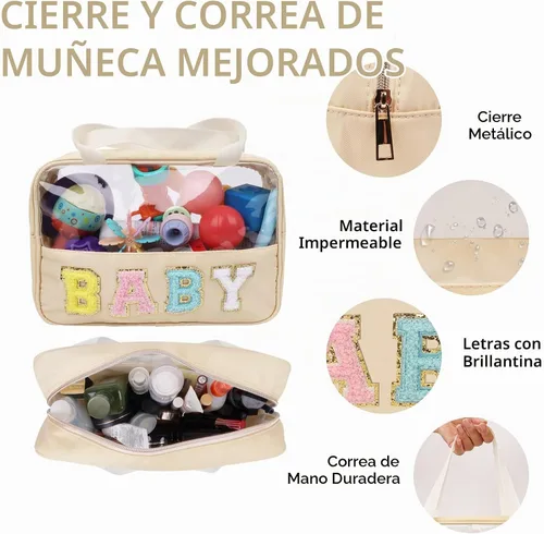 Vista 3 de Iqimott Bolsa de bebé con parche de letras de chenilla, bolsa de cosméticos transparente para maquillaje, bolsa grande de almacenamiento