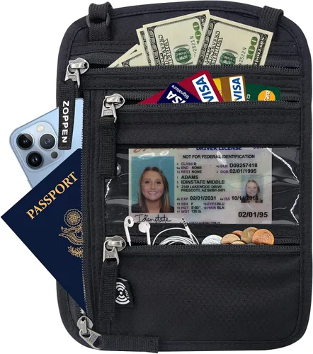 Vista 2 de ZOPPEN Soporte para pasaporte, cartera para el cuello, funda para pasaporte, organizador de documentos de viaje, combinación de tarjeteros