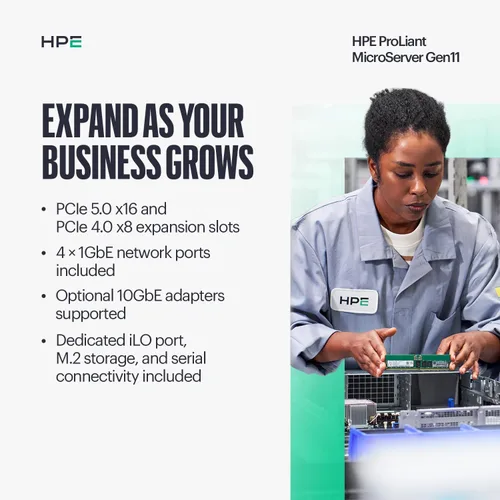 Vista 8 de Hewlett Packard Enterprise ProLiant MicroServer Gen11 Tower Server, procesador Intel Pentium Gold G7400, memoria de 16 GB, almacenamiento HDD de 1
