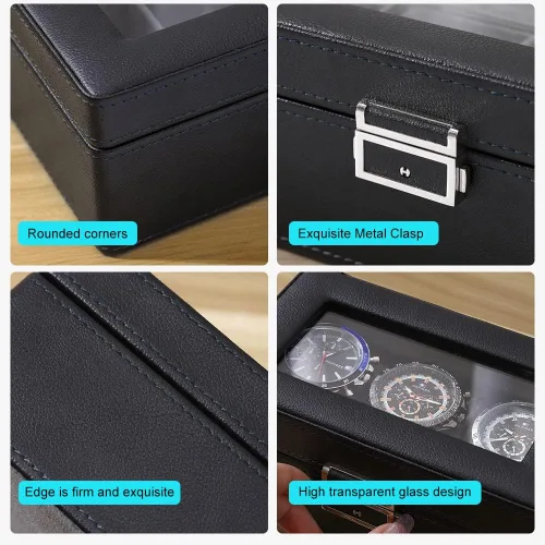 Vista 4 de Anyasun Caja de reloj con 3 ranuras, organizador de vitrina, caja de almacenamiento de reloj con tapa de vidrio para hombres y mujeres