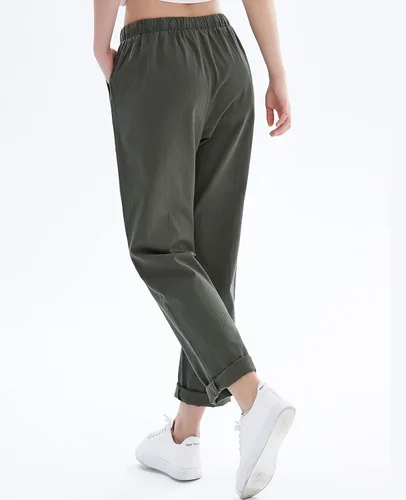 Vista 4 de Pantalones de lino para mujer para verano, con cordón, suaves, recortados, de algodón, cintura elástica