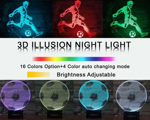 Vista 3 de Luz nocturna de ilusión 3D de fútbol, 16 colores regulables, lámpara de noche LED con control táctil y remoto, USB y alimentada por batería