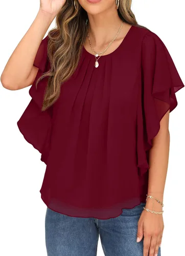 Vista 2 de QIXING Blusas de gasa con cuello redondo y cuello redondo de verano para mujer