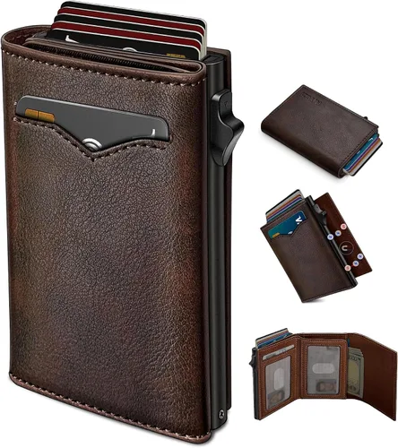Vista 14 de Cartera miyozi para hombre, con bolsillo para efectivo, 2 ventanas para identificación, 9-13 ranuras para tarjetas, estuche metálico, elegante