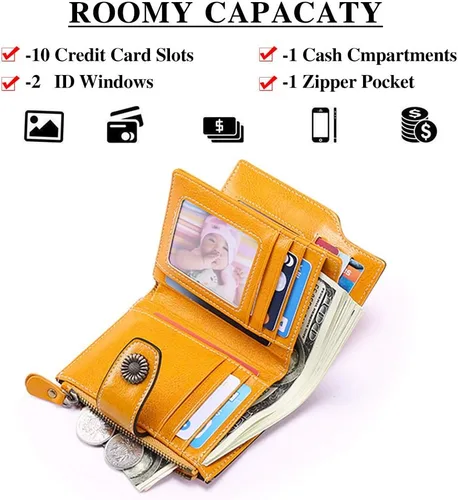 Vista 2 de FALAN MULE Cartera pequeña para mujer, de piel, plegable, compacta, pequeña, con bloqueo RFID, amarillo, antiguo (Antique Yellow), Cartera Rfid