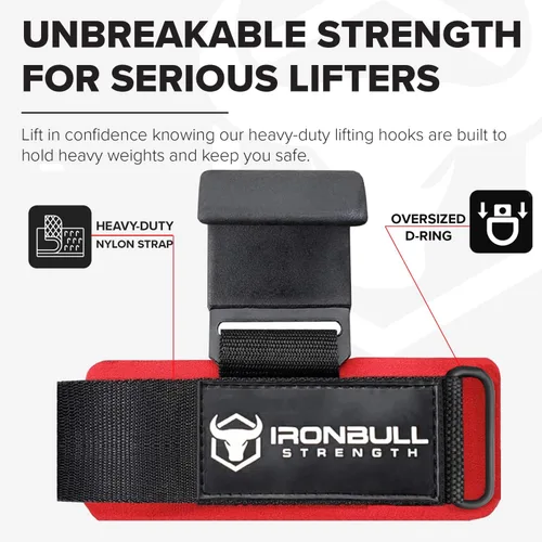 Vista 3 de Iron Bull Strength Ganchos de acero para levantamiento de pesas (par) - Correas de muñeca de levantamiento de pesas resistentes - Correas