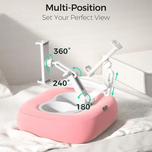 Vista 4 de Soporte de almohada para tableta, soporte ajustable para Kindle con 2 cuencos para aperitivos, soporte ajustable para iPad de 360° para cama