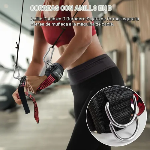 Vista 2 de Correas de levantamiento de pesas con anillos en D para cable de gimnasio, soporte de muñeca antideslizante, correas de levantamiento de pesas
